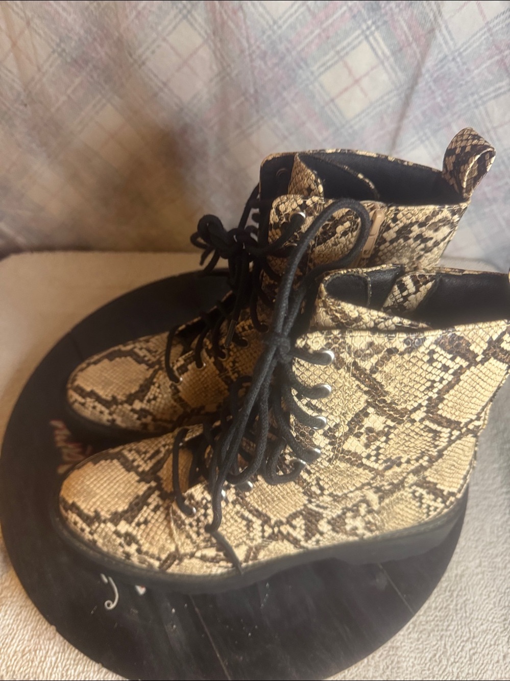 Steve Madden Black and Beige Snake-Print Combat Boot - Picture 2 of 6